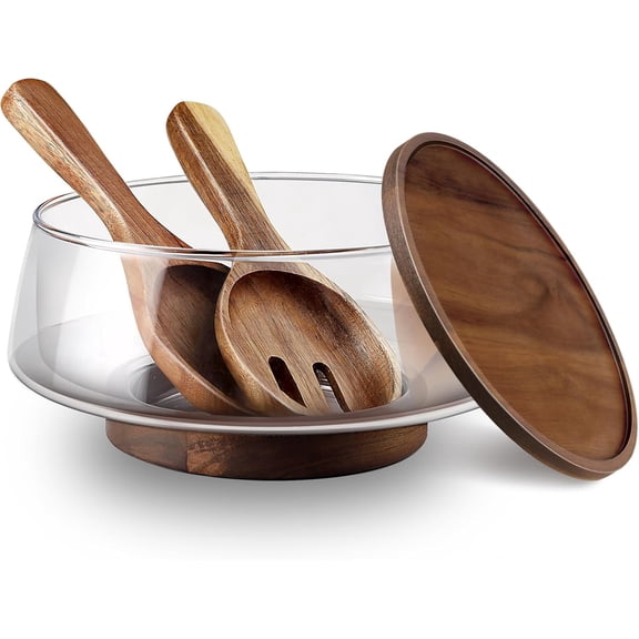 Large Glass Salad Bowls Set with Acacia Wood Base and Lid Serving Utensils, Elegant Practical for Kitchen Essentials Party
