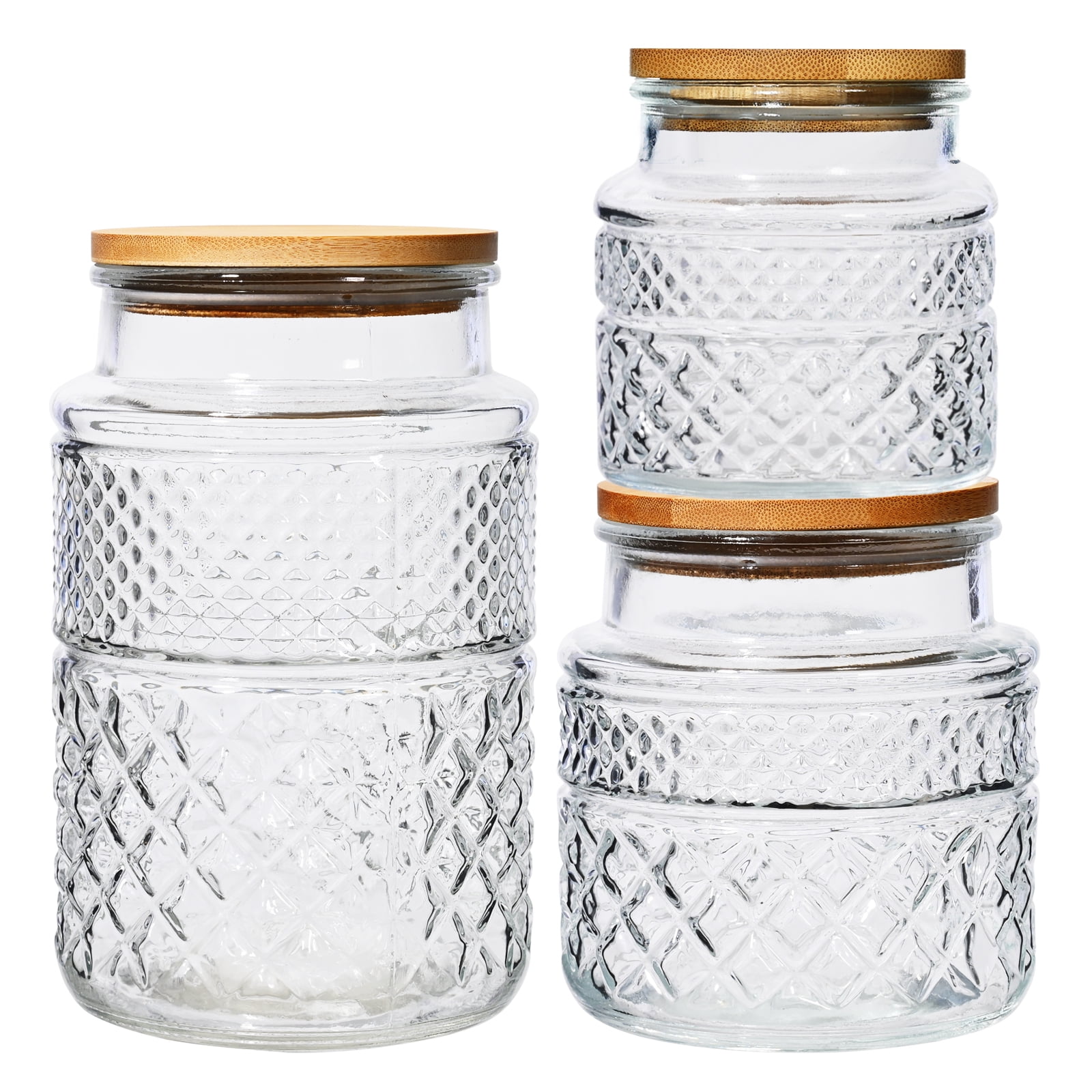 Large Glass Storage Jar, Round 3 Pack 20/40/60 FL OZ Glass Food Storage Containers with Bamboo Lid, Kitchen Containers Cereal Canisters Decorative Jar for Candy Snack Cookies Coffee Tea Nuts