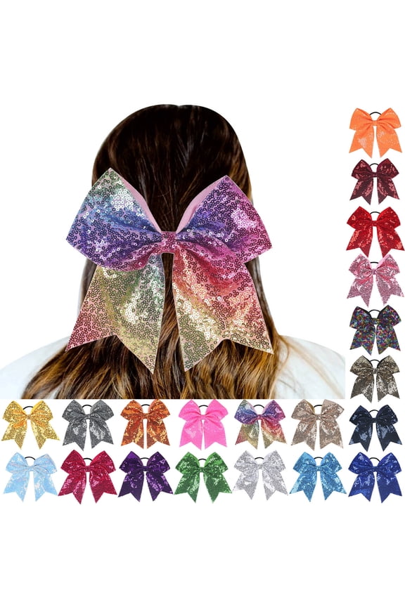 Large Glitter Cheer Hair Bows Colorful Sparkly Sequin Big Bow Hair Ties Ponytail Holder Elastic Band Handmade for Cheerleading Teen Girls College Sports Navy One Size