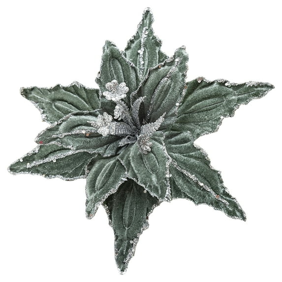 Large Glitter Christmas Flowers, Artificial Velvet Cloth Christmas Tree Flower Ornaments Fold Floral for Christmas New Year Party Wedding Decorations (Green)