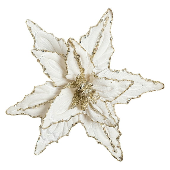 Large Glitter Christmas Flowers, Artificial Velvet Cloth Christmas Tree Flower Ornaments Fold Floral for Christmas New Year Party Wedding Decorations (White)