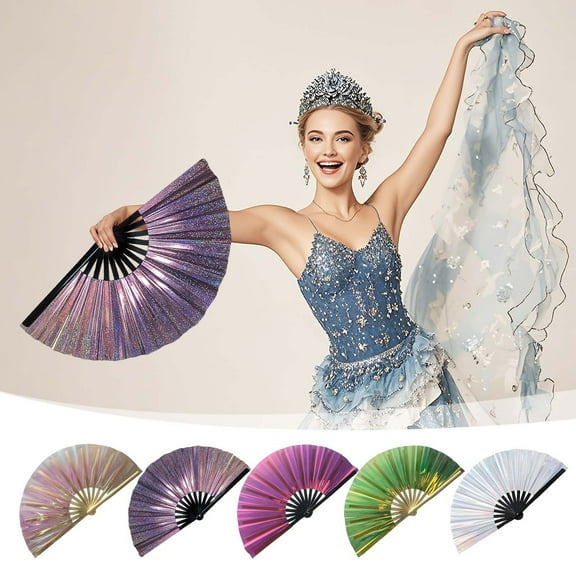 Large Glitter Holographic Rave Hand Fan,Handheld Folding Fan for Women Men,PVC Line Dance Popping Fan,Laser-Iridescent Foldable Dance Fan for Line Dancing,Party,Dance Enthusiasts Gift