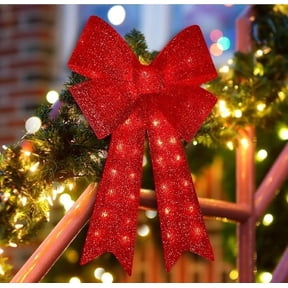 Large Glitter Red Lighted Bow with 40 LEDs, 24 Inch Christmas Decor for Wreath, Tree Topper, Indoor and Outdoor Celebrations