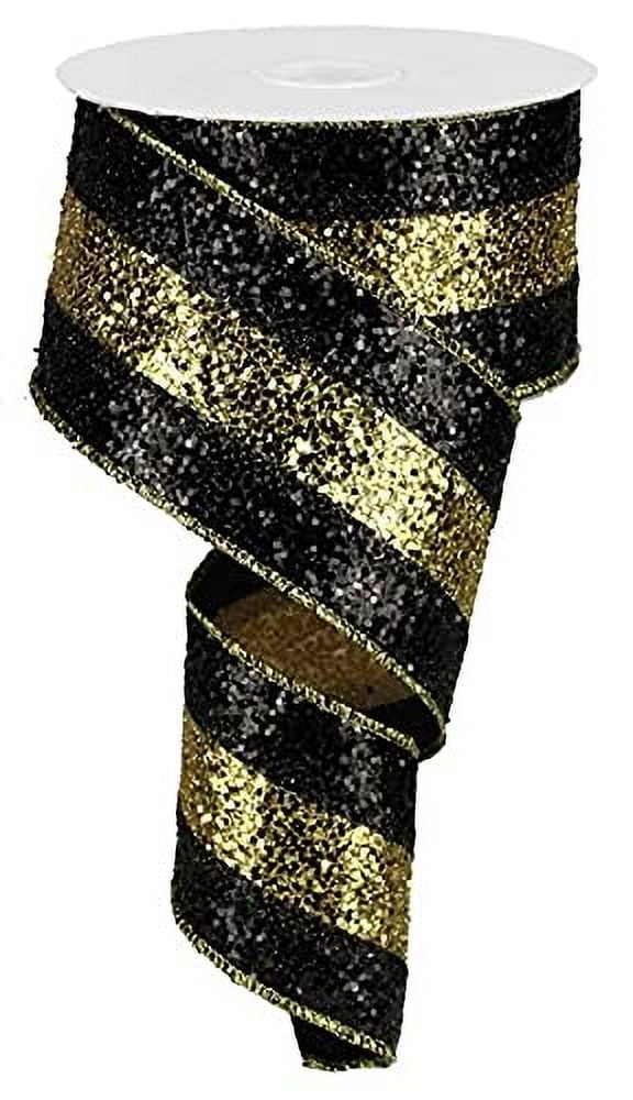 Large Glitter Stripe Wired Edge Ribbon - 10 Yards (Black, Gold, 2.5")