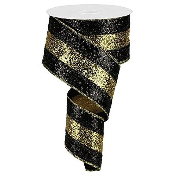 Large Glitter Stripe Wired Edge Ribbon - 10 Yards (Black, Gold, 2.5")