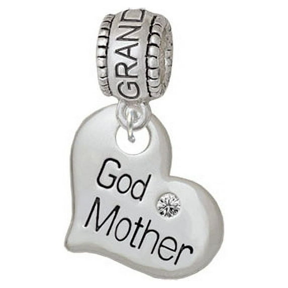Large ''Godmother'' Heart with Clear Crystal - Granddaughter Charm Bead