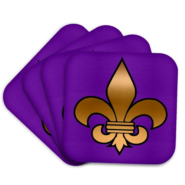 3dRose, Large Gold Fleur de lis on a dark purple background , Set of 4 Coasters - Soft