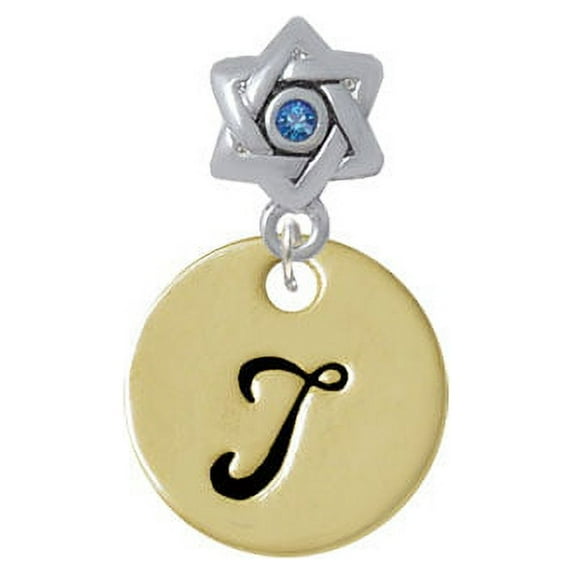 Large Gold Tone Disc Letter - T - 3/4'' - Star of David with Blue Crystal Charm Bead