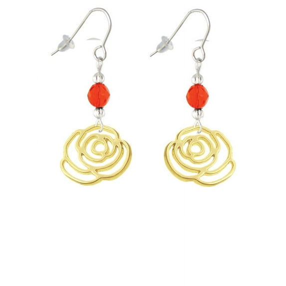 Large Gold Tone Rose Outline Orange Bead French Earrings