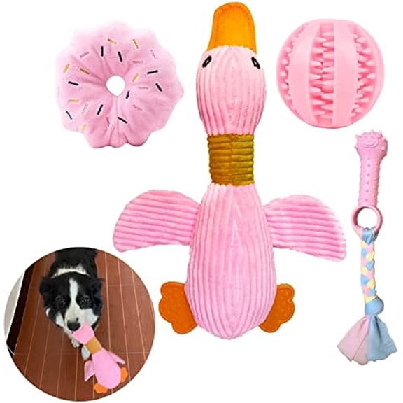 Large Goose Puppy Toys, Dog chew Toys Squeaky Crinkle Duck for Small Medium Dog Breeds, Puppy Toys for Small Dogs, Puppy chew Teething Toys, Pink, 4 Pack