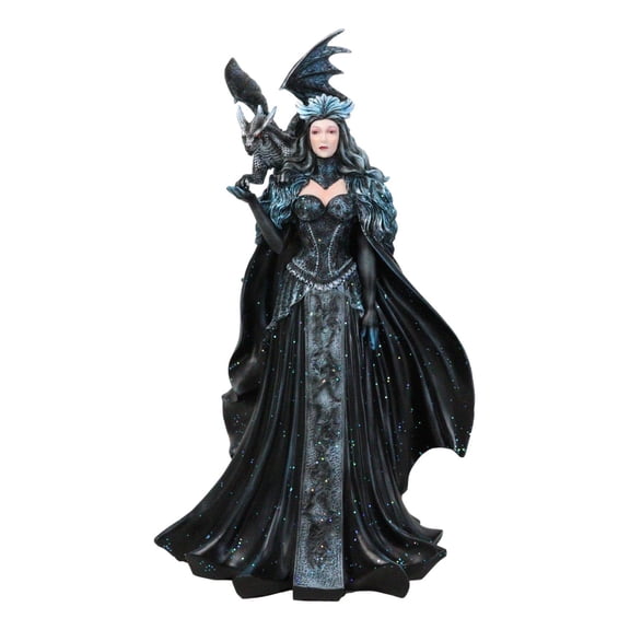 Large Gothic Necromancy Black Dragon Witch Dark Queen In Long Gown Statue