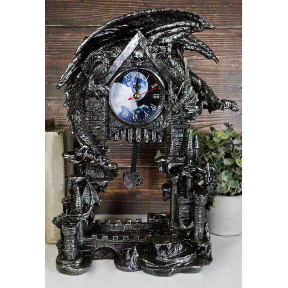 Large Gothic Smaug Dragon Overlord Guarding Castle Pendulum Table Clock Statue