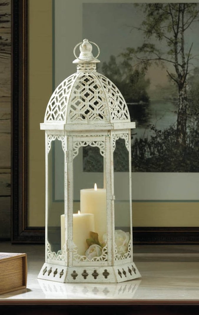 Amina Graceful Distressed White Iron Hanging Candle Lantern