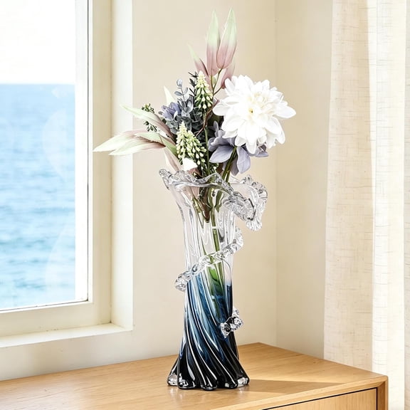 Large Gradient Blue and Clear Hand Blown Glass Wave Vase