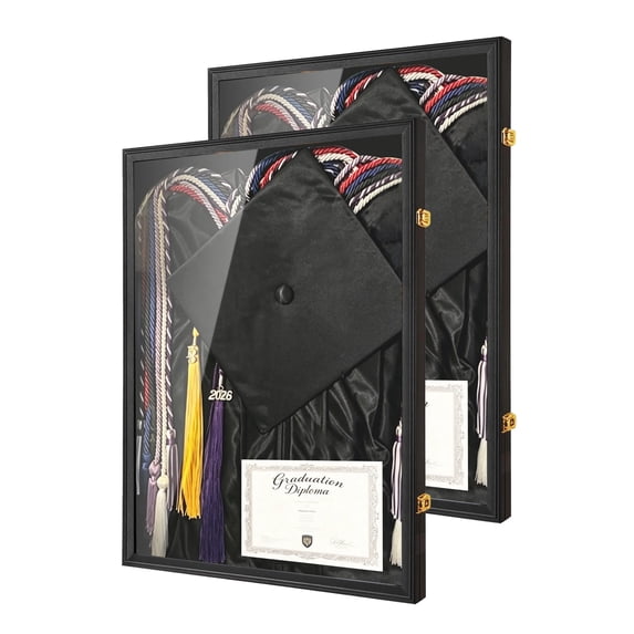 Large Graduation Shadow Box - 2PC-Graduation Gown Display, Wall-Mount Lockable Graduation Display Frame with Acrylic Glass Door for Graduation Keepsakes, Cap and Gown, Dioplma, Large Black