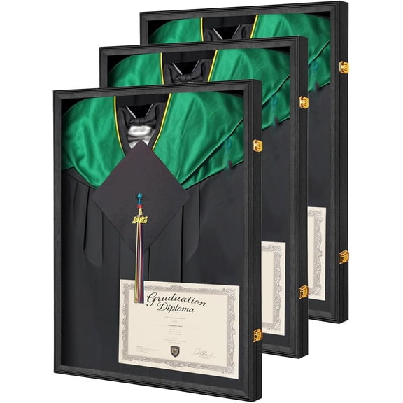 Large Graduation Shadow Box 3 Pack - Graduation Gown Display, Wall-Mount Lockable Graduation Display Frame with Acrylic Glass Door for Graduation Keepsakes, Cap and Gown, Dioplma, Large Black