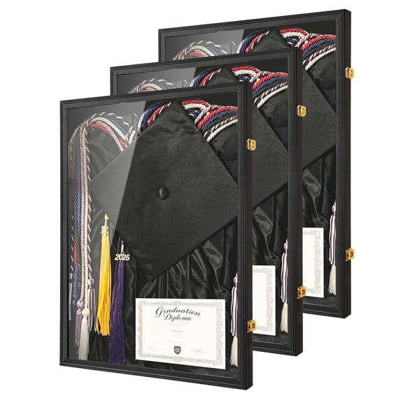 Large Graduation Shadow Box-3pc - Graduation Gown Display, Wall-Mount Lockable Graduation Display Frame with Acrylic Glass Door for Graduation Keepsakes, Cap and Gown, Dioplma, Large Black