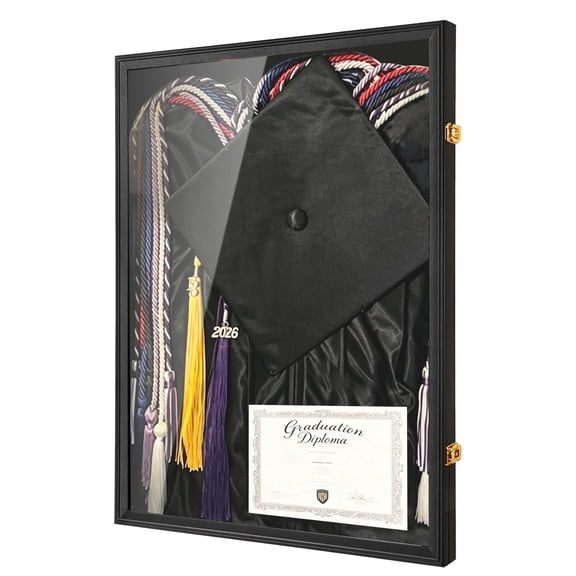 Large Graduation Shadow Box - Graduation Gown Display, Wall-Mount Lockable Graduation Display Frame with Acrylic Glass Door for Graduation Keepsakes, Cap and Gown, Dioplma, Large Black