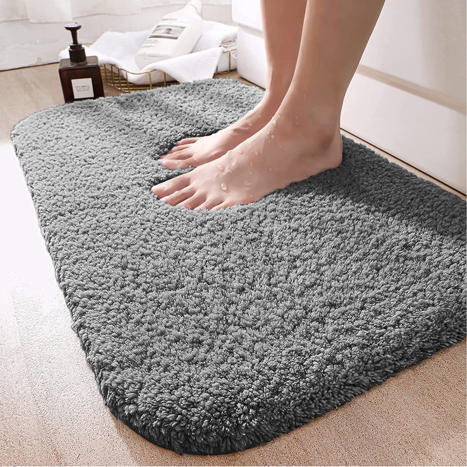 Large Gray Bathroom Rugs, 24×60 Absorbent Shaggy Shower Mat