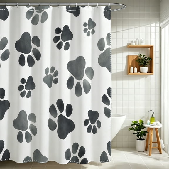Large Gray Dog Paw Pattern Shower Curtain, Winter Festival Bathroom Decor for Animal Lovers