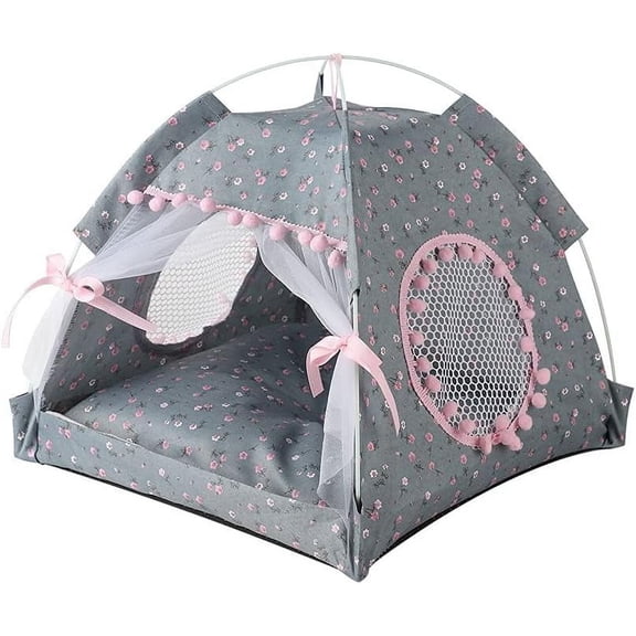 Large Gray and Pink Cat Bed Tent with Mesh Windows and Removable Nest
