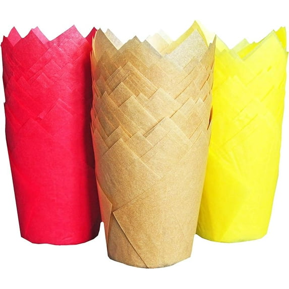 Large Greaseproof paper Wrappers Muffin Baking cupcake cups liners, 2-1/4" x 4" Natural,Red,Yellow 3 colours in a box Tulip Baking Cups Holders 125 pcs (Large) (125, Multi Red,Yellow,Natural)