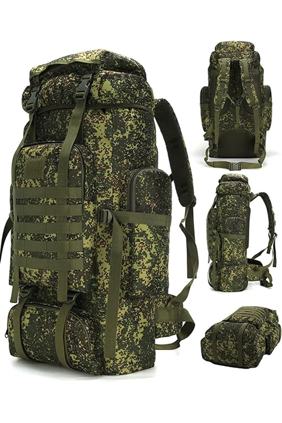 Large Green Camo Outdoor Backpack with MOLLE System, 70L Capacity, Water Resistant, Military Style