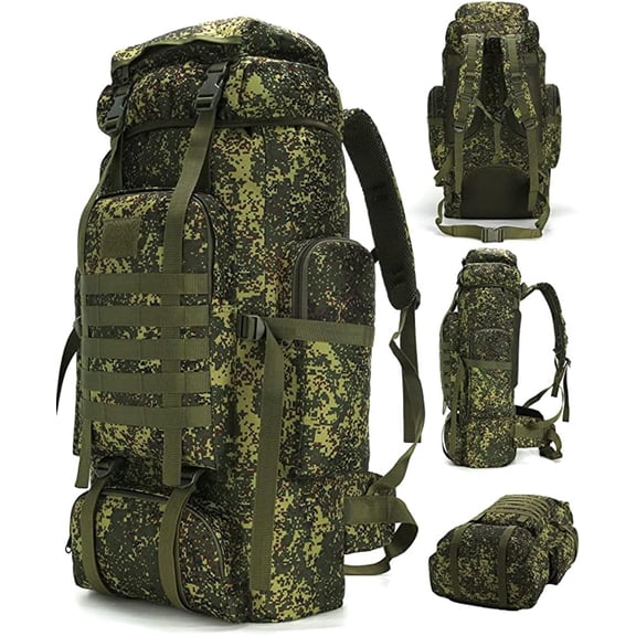 Large Green Camo Outdoor Backpack with MOLLE System, 70L Capacity, Water Resistant, Military Style