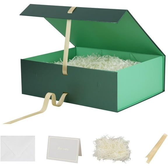 Large Green Gift Box with Ribbon 1 Pack 16.5X13X5.3 Inch Extra Large Magnetic Gift Box with Lid Magnetic Closure Rectangle Collapsible Luxury Boxes for Presents 、Shredded Paper Filler & Card