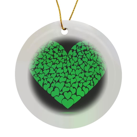 3drose, Large Green Heart Made of Smaller Hearts, Circle Porcelain Ornament