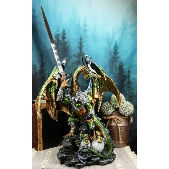 Large Green Jade Armored Dragon With Space Orb And Excalibur Sword Statue 16.5"H