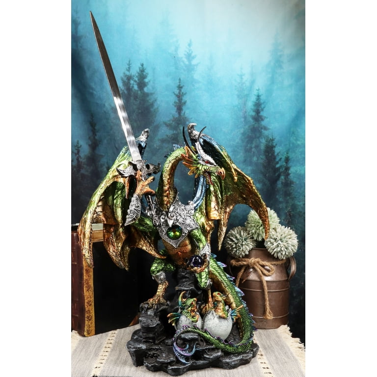 Large Green Jade Armored Dragon With Space Orb And Excalibur Sword