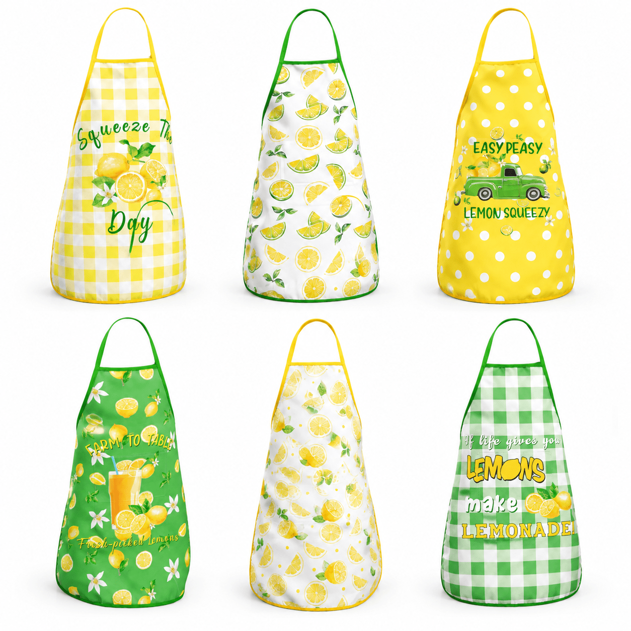 Large Green Lemon Polyester Adjustable Strap Cooking Aprons Set of 6 ...