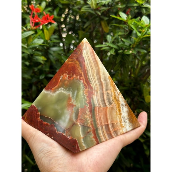 Large Green Onyx Crystal Pyramid, Grade A ++ 4" Multi Green Marble Onyx Pyramid
