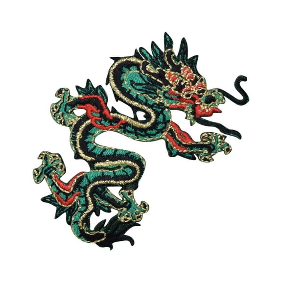 Large - Green/Red Chinese Dragon - Facing Right - Iron On Applique/Embroidered Patch