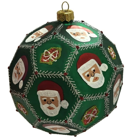 Large Green Santa Claus Face Polyhedron Ball Polish Glass Christmas Ornament