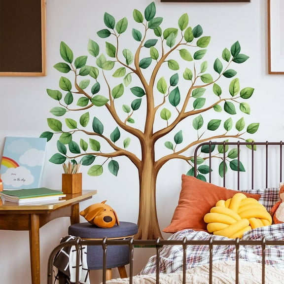 Large Green Tree Wall Decal for Bedroom Living Room, Removable Nature Tree Wall Sticker, 105cm Tall Botanical Decor for Nursery Kids Room Home