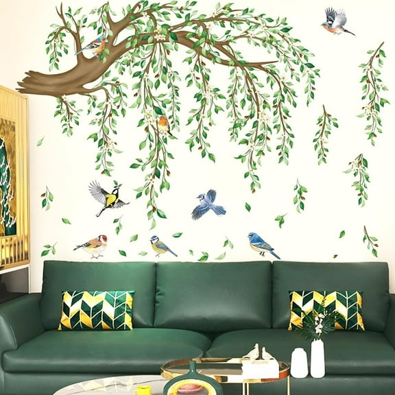 Large Green Tree Wall Decals, 4 Sheets Hanging Vine Tree Wall Decals Peel and Stick Waterproof Leaves Branch Wall Murals Decor for Living Room Bedroom