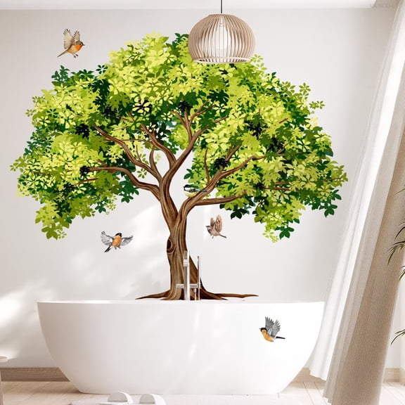 Large Green Tree Wall Stickers Falling Leaves Birds Wall Decals Peel and Stick Removable Wall Stickers Living Room Bedroom Office Wall Decor