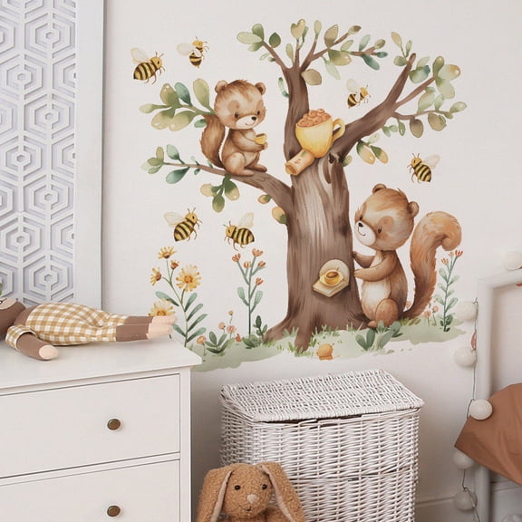 Large Green Twig Tree Wall Decals Falling Green Leaves Plants with Birds Wall Stickers Transparent Peel and Stick Living Room Nursery Wall Decor, 50x41 inches