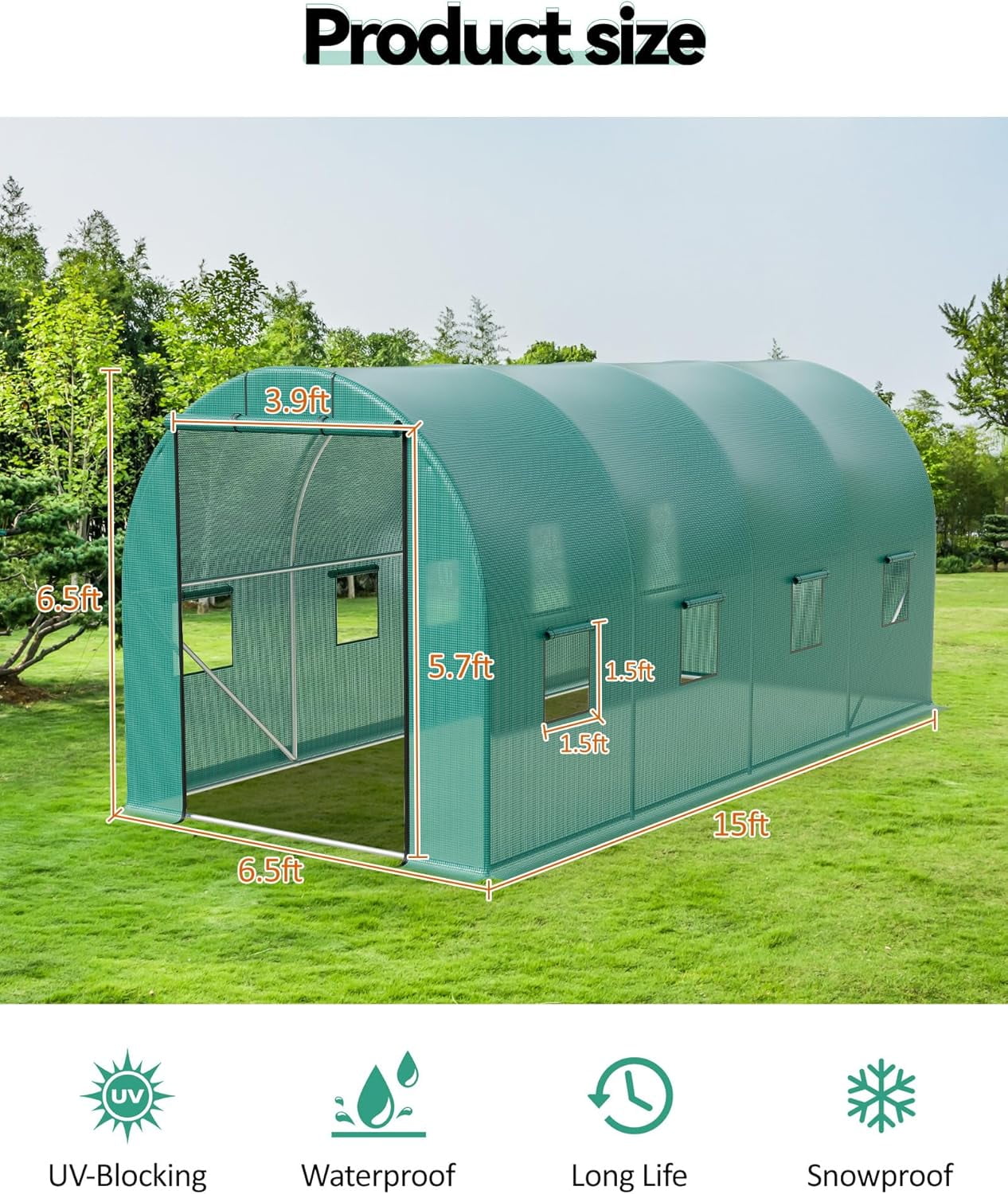 Large Greenhouse,15x6.5x6.5ft Heavy Duty Outdoor Greenhouses,Walk in Tunnel Green House,Portable Plant Gardening with Zippered Doors and Window,Galvanized Steel Frame for Gardening