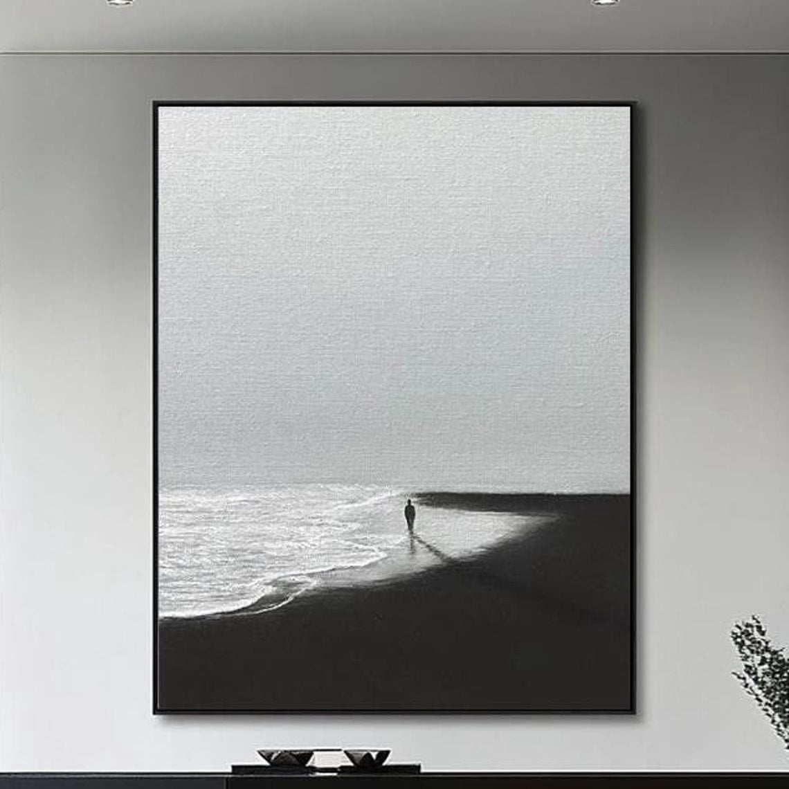 Large Grey Abstract Wall Art, Grey Black Living Room Decor, Black Figure Art, Grey Sea Art, Wabi ...