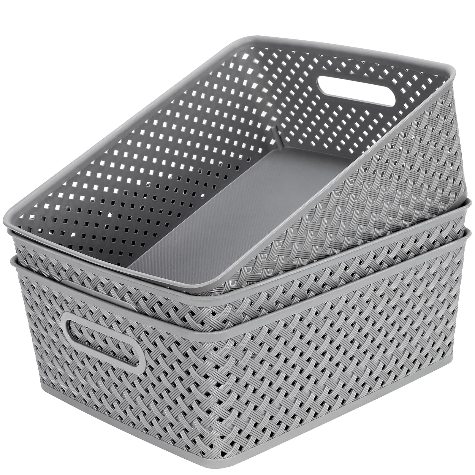 Large Grey Plastic Woven Storage Baskets 3 Pack For Home Office Organization
