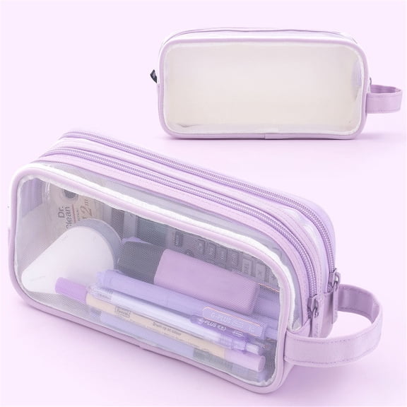 Large Grid Mesh Pencil Case with 2 Compartments โ Transparent Nylon Pen Bag for 50-80 Pens, Calculator & Stationery | Handheld Dual-Zipper Organizer for Students, Office & Travel | Purple