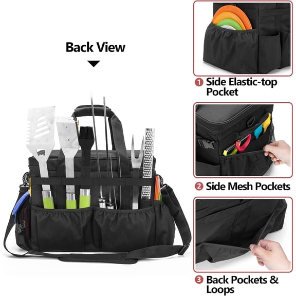 Large Grill Caddy with Lid, BBQ and Picnic Bag Organizer with Paper Towel Holder, Tailgating Accessories Basket for Barbecue Utensil & Camping Gear Must Haves, Black, Bag Only$$