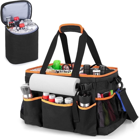 Large Grill Utensil Caddy with Detachable Cooler, Collapsible Picnic Organizer with Paper Towel Holder for Griddle Accessories, Tailgating Accessory Basket for Outdoor Cooking Supplies, Black