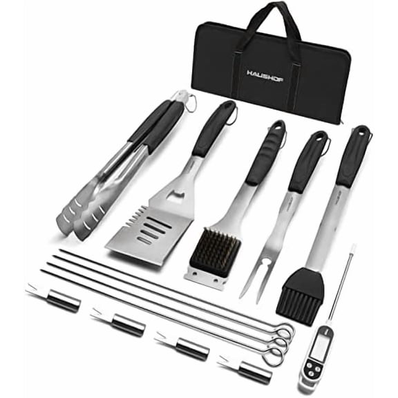 Large Grilling Accessories, BBQ Grill Set, Heavy Duty Stainless Steel Barbecue Utensils with 16-1/2" Spatula, Brush, Fork, Tongs, Skewers, Thermometer, Bag, Ideal Gift, 15PCS