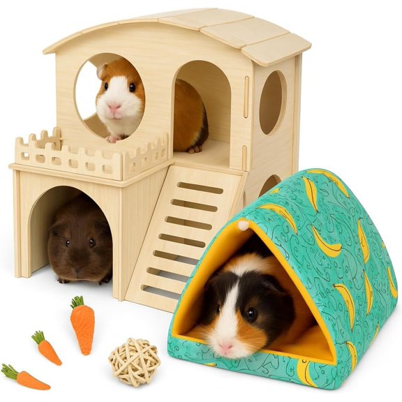 Large Guinea Pig Hideout with Wooden House, Toys & Accessories - Includes Guinea Pig Bed, Castle Hideaway & Bundle with Wooden Hideout, House & Hut Indoor Habitat