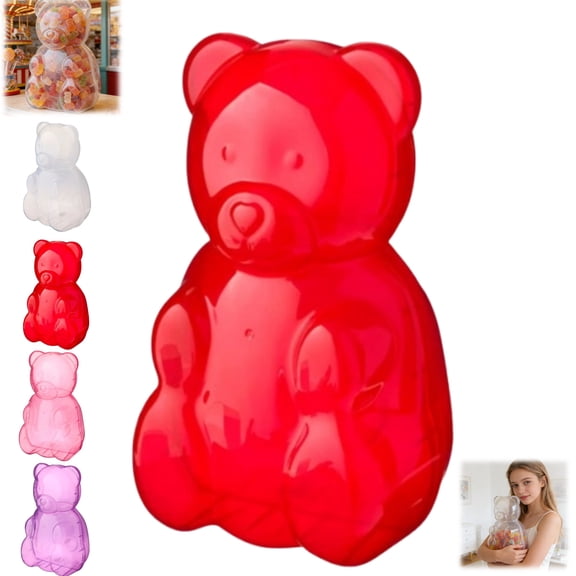 Large Gummy Bear Containers - Clear Plastic Bear-Shaped Candy Boxes for Valentine’s Day Gifts - Reusable 3D Bear Storage Jars for Birthday Party Favors & Event Decor,Red