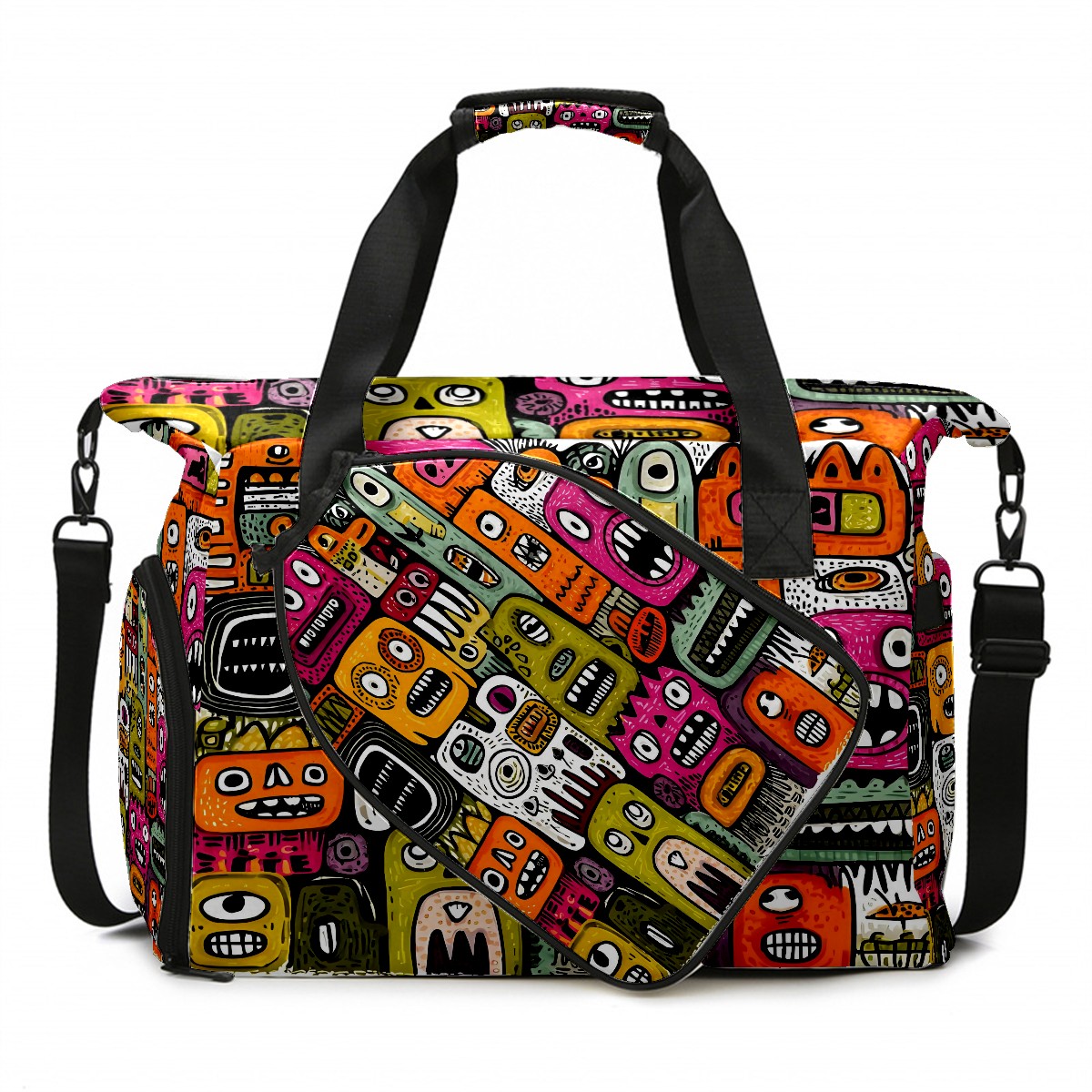 Large Gym Bag with Shoe Compartment, Water-Resistant Duffle Bag for Men and Women, Colorful Whimsical Cartoon Characters Sports Tote for Workout Travel